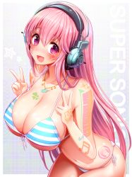 Rule 34 | 1girl, absurdres, arm tattoo, bad id, bad pixiv id, bikini, blush, breast tattoo, breasts, cleavage, clover, facial mark, facial tattoo, four-leaf clover, gibagiba, guitar necklace, halterneck, hand tattoo, headphones, heart, heart tattoo, highres, huge breasts, jewelry, long hair, looking at viewer, musical note, necklace, nitroplus, open mouth, pink eyes, pink hair, side-tie bikini bottom, smile, solo, star (symbol), star necklace, star tattoo, string bikini, striped bikini, striped clothes, super sonico, swimsuit, tattoo