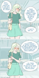 Rule 34 | 1girl, alternate costume, bag, blonde hair, blush, casual, comic, confession, diana cavendish, embarrassed, english text, handbag, highres, little witch academia, long hair, looking away, skirt, solo, sweatdrop, ticcy, tumblr username, wavy hair