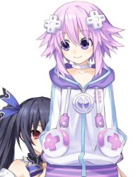 Rule 34 | 10s, 2girls, black hair, blush, collar, collarbone, d-pad, hair ornament, hair ribbon, looking at another, multiple girls, neptune (neptunia), neptune (series), noire (neptunia), purple eyes, purple hair, red eyes, ribbon, simple background, smile, white background