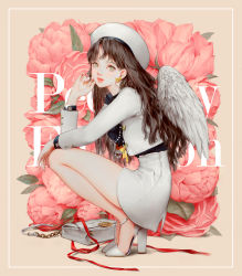 Rule 34 | 1girl, absurdres, angel wings, ankle strap, black shirt, border, brown hair, cropped jacket, dadachyo, earrings, feathered wings, floral background, flower, grey eyes, hat, heart, heart earrings, high heels, highres, jacket, jewelry, lips, long hair, looking at viewer, miniskirt, mole, mole under eye, necklace, peony (flower), ring, shirt, skirt, solo, squatting, title, watermark, white jacket, white skirt, wings