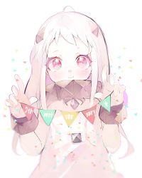 Rule 34 | 10s, 1girl, abyssal ship, ahoge, atsumi jun, bare shoulders, blush, colored skin, confetti, dress, horns, kantai collection, long hair, looking at viewer, no gloves, northern ocean princess, pale skin, red eyes, simple background, sleeveless, sleeveless dress, smile, solo, white background, white dress, white hair, white skin