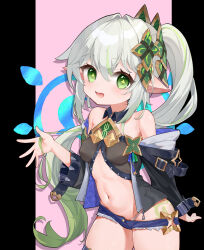 Rule 34 | 1girl, absurdres, alternate costume, bare shoulders, biluoyao, blue shorts, breasts, chinese commentary, commentary request, cowboy shot, cross-shaped pupils, denim, denim shorts, fang, genshin impact, gradient hair, green eyes, green hair, grey hair, hair ornament, highres, leaf hair ornament, long hair, looking at viewer, micro shorts, multicolored hair, nahida (genshin impact), navel, o-ring, o-ring bottom, open mouth, pointy ears, shorts, side ponytail, skin fang, small breasts, solo, symbol-shaped pupils