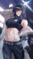 Rule 34 | !, !!, 1girl, absurdres, arm up, armband, bare shoulders, baseball cap, belt, black belt, black gloves, black hair, black hat, black pants, black shirt, blue archive, blue eyes, blush, breasts, buckle, chest harness, coat, commentary request, cowboy shot, crop top, gloves, groin, hair between eyes, halo, harness, hat, highres, holster, joacy, knife sheath, korean commentary, long hair, looking at viewer, medium breasts, midriff, navel, no mask, off shoulder, open mouth, pants, revision, saori (blue archive), sheath, shirt, sidelocks, sleeveless, sleeveless shirt, snap-fit buckle, solo, standing, stomach, sweat, teeth, thigh holster, toned, underbust, upper teeth only, white coat