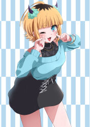 Rule 34 | 1girl, ;d, absurdres, ahoge, bare shoulders, black hair, black shirt, black skirt, blonde hair, blue eyes, blue sweater, blush, breasts, commentary request, fang, hands up, highres, honorikiti, horns, long sleeves, looking at viewer, mem-cho, multicolored hair, nail polish, off-shoulder sweater, off shoulder, one eye closed, open mouth, oshi no ko, puffy long sleeves, puffy sleeves, red nails, shirt, skirt, sleeveless, sleeveless shirt, small breasts, smile, solo, sweater, two-tone hair