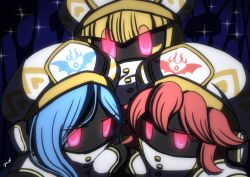 Rule 34 | 3girls, alternate color, alternate eye color, alternate skin color, blonde hair, blue background, blue hair, blunt bangs, buttons, colored skin, dark background, eyes visible through hair, facial mark, female focus, flamberge (kirby), francisca (kirby), glowing, glowing eyes, hair over one eye, hat, hime cut, holding hands, jitome, kirby: star allies, kirby (series), kuromura gin, long hair, looking at viewer, mask, multiple girls, nintendo, no fingers, no humans, red eyes, red hair, short hair, sparkle, uniform, upper body, wrist guards, zan partizanne
