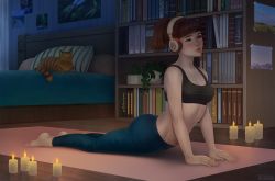 Rule 34 | 1girl, arched back, barefoot, bedroom, black bra, bookshelf, bra, breasts, brown hair, candle, cat, cleavage, commentary, commission, english commentary, full body, headphones, highres, indoors, listening to music, lofi girl, lofi girl (youtube), pants, shiyukisan, short ponytail, small breasts, solo, sports bra, toned, underwear, wireless, yoga, yoga pants