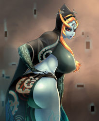 Rule 34 | 1girl, ass, breasts, clothes lift, colored sclera, female focus, gluteal fold, highres, huge ass, huge breasts, jujunaught, midna, midna (true), nintendo, orange hair, red eyes, skirt, skirt lift, solo, the legend of zelda, the legend of zelda: twilight princess, yellow sclera