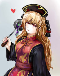 Rule 34 | 1girl, animal print, arm at side, black dress, blonde hair, blush, bow, breasts, chinese clothes, colored eyelashes, dress, food, grey background, hair between eyes, hand up, hat, hat bow, head tilt, heart, highres, junko (touhou), ladle, long hair, long sleeves, looking to the side, mellong, motherly, nail polish, obi, parted lips, pink nails, red eyes, ribbon, sash, sidelocks, smile, solo, tabard, tareme, touhou, very long hair