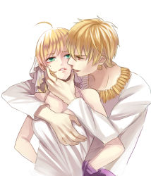 Rule 34 | 1boy, 1girl, ahoge, artoria pendragon (all), artoria pendragon (fate), bdsm, blonde hair, bondage, bound, bound wrists, grabbing another&#039;s breast, breasts, camisole, casual, fate/zero, fate (series), gilgamesh (fate), grabbing, green eyes, hair ribbon, hand on another&#039;s face, hetero, jewelry, momori, necklace, official alternate costume, red eyes, ribbon, saber (fate)