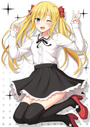 Rule 34 | 1girl, ;d, arm up, black ribbon, black skirt, black thighhighs, blonde hair, blush, bow, breasts, collared shirt, commentary request, fingernails, frilled shirt collar, frilled sleeves, frills, hair between eyes, hair bow, hand up, high heels, long hair, long sleeves, looking at viewer, nakamura sumikage, one eye closed, open mouth, original, polka dot, polka dot background, red bow, red footwear, ribbon, shirt, shoes, skirt, sleeves past wrists, small breasts, smile, solo, sparkle, thighhighs, twintails, very long hair, white background, white shirt