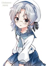 Rule 34 | 1girl, blue neckerchief, blue ribbon, blue sailor collar, blue skirt, brown eyes, fathom, glasses, gloves, grey hair, hat, highres, hirato (kancolle), kantai collection, long sleeves, looking at viewer, neckerchief, pleated skirt, ribbon, sailor collar, sailor hat, school uniform, serafuku, short hair, simple background, skirt, solo, twitter username, wavy hair, white background, white gloves, white hat