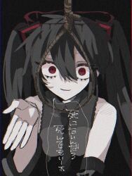 Rule 34 | 1girl, bare shoulders, black background, black hair, constricted pupils, detached sleeves, hatsune miku, long hair, looking at viewer, necktie, noose, parted lips, red eyes, rope, shinitagari (vocaloid), shirt, simple background, sketch, sleeveless, sleeveless shirt, smile, solo, tabun ningen, twintails, upper body, vocaloid
