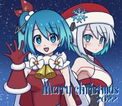 Rule 34 | 2girls, artist name, artist request, bare shoulders, bell, blue eyes, blue hair, blush, body markings, breasts, christmas, facial mark, female focus, grey hair, hat, ico (megaman x dive), looking at viewer, medium breasts, mega man (series), mega man x (series), mega man x dive, multiple girls, rico (mega man), santa hat, side ponytail, signature, skin tight, smile, tagme, waving