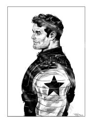 1boy from_side greyscale highres james_buchanan_barnes marvel mechanical_arms monochrome nick_robles short_hair signature simple_background single_mechanical_arm solo star_(symbol) upper_body white_background winter_soldier