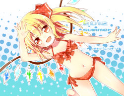 Rule 34 | 10s, 1girl, 2012, :d, bikini, blonde hair, blush, bow, dated, fang, female focus, flandre scarlet, groin, long hair, mimi (mimi puru), open mouth, red bikini, red eyes, ribbon, side ponytail, smile, solo, swimsuit, touhou, wings