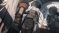Rule 34 | 2girls, alchemy stars, arms at sides, belt, black coat, camera, ceiling light, closed mouth, coat, commentary request, fingerless gloves, gloves, grey hair, hand on another&#039;s shoulder, hat, highres, indoors, industrial pipe, korean commentary, long hair, mechanical arms, medal, multiple girls, pale skin, peaked cap, people, prosthesis, prosthetic arm, reinhardt (alchemy stars), revy (alchemy stars), single mechanical arm, standing, table, tripod, twin-lens reflex camera, uniform, whitebear, yellow eyes