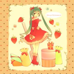 Rule 34 | 1girl, arms behind back, blush, bow, food, from behind, fruit, gift, green eyes, green hair, hair bow, hatsune miku, heart, long hair, looking back, matching hair/eyes, merry christmas, open mouth, solo, strawberry, tenma (xxx), twintails, very long hair, vocaloid
