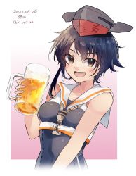 Rule 34 | 1girl, alcohol, asymmetrical hair, beer, beer mug, black hair, black one-piece swimsuit, breast cutout, brown eyes, brown neckerchief, commentary request, cup, framed breasts, hair between eyes, headphones, holding, i-14 (kancolle), kantai collection, looking at viewer, mug, neckerchief, one-hour drawing challenge, one-piece swimsuit, school swimsuit, short hair, solo, swimsuit, u yuz xx, upper body