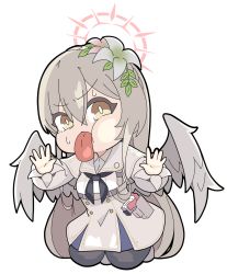 Rule 34 | 1girl, against fourth wall, black pantyhose, blue archive, brown eyes, capelet, chibi, commentary request, dress, feathered wings, flower, full body, grey flower, grey hair, grey wings, hair between eyes, hair flower, hair ornament, halo, highres, long hair, long sleeves, nagisa (blue archive), nyaru (nyaru 4126), pantyhose, puffy long sleeves, puffy sleeves, simple background, solo, sweat, tongue, tongue out, transparent background, v-shaped eyebrows, very long hair, white background, white capelet, white dress, wings