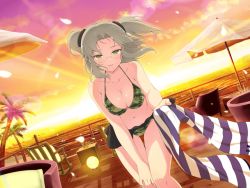Rule 34 | 1girl, beach, bikini, breasts, camouflage, cleavage, day, glasses, green eyes, highres, horizon, imu (senran kagura), large breasts, light brown hair, looking at viewer, navel, ocean, open mouth, outdoors, palm tree, parted bangs, sand, semi-rimless eyewear, senran kagura, senran kagura new link, short twintails, sky, smile, solo, standing, summer, sunlight, swimsuit, tree, twintails, under-rim eyewear, water, yaegashi nan