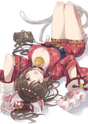 Rule 34 | 10s, 1girl, a (nanananaaannaa), animal ears, animal hands, arms up, bad id, bad pixiv id, bag, bare legs, bell, blush, breasts, brown eyes, brown hair, cat ears, cat paws, cat tail, choker, cleavage, flower, foreshortening, frilled choker, frills, from behind, full body, glint, gloves, idolmaster, idolmaster cinderella girls, japanese clothes, jingle bell, kemonomimi mode, kimono, knees up, large breasts, legs together, long hair, long sleeves, looking at viewer, looking back, lying, maekawa miku, multiple tails, neck bell, nekomata, on back, open mouth, paw gloves, paw shoes, ponytail, red flower, red kimono, red rose, ribbon-trimmed sleeves, ribbon trim, rose, sash, satchel, shoes, short kimono, simple background, solo, tail, tareme, two tails, white background, wide sleeves