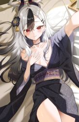 Rule 34 | 1girl, black choker, black flower, black hair, black kimono, blue archive, breasts, breasts apart, choker, closed mouth, collarbone, earclip, flower, gradient hair, grey hair, hair between eyes, hair flower, hair ornament, hairclip, halo, hand on own chest, highres, horns, japanese clothes, kayoko (blue archive), kayoko (new year) (blue archive), kimono, long hair, looking at viewer, lying, medium breasts, mole, multicolored hair, obi, on back, outstretched arm, raised eyebrows, red eyes, sash, satoupote, solo, sweat, tassel, tassel hair ornament, thighs, wide sleeves
