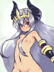 Rule 34 | 1girl, blush, body blush, bracer, breasts, elbow gloves, female focus, frown, gloves, groin, hair between eyes, horns, johan (johan13), long hair, looking at viewer, looking back, navel, nipples, nude, out-of-frame censoring, profile, red eyes, shinrabanshou, sidelocks, silver hair, simple background, small breasts, solo, tiamatt, tiara, very long hair, white legwear, wide hips