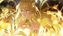 Rule 34 | 1girl, bare shoulders, blonde hair, blush, breasts, cleavage, crown, crying, detached collar, dress, elbow gloves, gloves, highres, holding, holding whistle, kagura kurosaki, large breasts, light particles, long hair, mini crown, shokuhou misaki, sidelocks, sleeveless, solo, strapless, strapless dress, tears, toaru majutsu no index, toaru majutsu no index: new testament, whistle, yellow dress, yellow eyes, yellow gloves, yellow headwear, yellow neckwear, yellow theme
