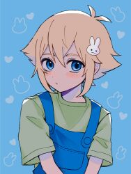 Rule 34 | 0tz026, 1boy, basil (faraway) (omori), basil (omori), blonde hair, blue background, blue eyes, blue overalls, blush, closed mouth, green shirt, hair ornament, highres, looking at viewer, omori, overalls, rabbit hair ornament, shirt, short hair, short sleeves, simple background, solo, upper body
