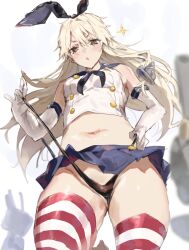 Rule 34 | 1girl, anchor hair ornament, black neckerchief, black panties, blonde hair, blue sailor collar, breasts, brown eyes, commentary, crop top, elbow gloves, from below, gloves, hair ornament, hairband, highleg, highleg panties, highres, inusaka, kantai collection, long hair, looking at viewer, microskirt, miniskirt, neckerchief, panties, panty pull, pleated skirt, rensouhou-chan, sailor collar, shimakaze (kancolle), skirt, small breasts, sparkle, striped clothes, striped thighhighs, thighhighs, thong, underwear, very long hair, wedgie, white gloves