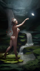 Rule 34 | 1girl, animal ears, arm up, ass, back, bare arms, bare legs, barefoot, breasts, bug, butterfly, cave, from side, full body, glowing butterfly, grey hair, hat, highres, insect, inubashiri momiji, lips, no tail, nude, outstretched arm, realistic, river, short hair, sideboob, standing, standing on one leg, tiptoes, tokin hat, touhou, water, waterfall, wolf ears, yuurei