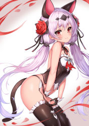 Rule 34 | 1girl, animal ears, bare shoulders, between legs, black gloves, black panties, black ribbon, black thighhighs, blush, cat ears, cat tail, commentary request, crop top, ehart, fake animal ears, fake tail, flower, frilled thighhighs, frills, garter straps, gloves, hair flower, hair ornament, hair ribbon, hand between legs, honkai (series), honkai impact 3rd, kemonomimi mode, long hair, panties, petals, red eyes, red flower, red rose, ribbon, rose, silver hair, solo, tail, tearing up, theresa apocalypse, theresa apocalypse (luna kindred), thighhighs, twintails, underwear, very long hair