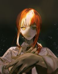 Rule 34 | 1girl, black background, black necktie, braid, braided ponytail, chainsaw man, closed mouth, dark, hand on hand, light, looking at viewer, makima (chainsaw man), necktie, orange hair, say hana, shadow, shirt, simple background, smile, solo, standing, upper body, white shirt, yellow eyes
