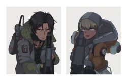 Rule 34 | 1boy, 1girl, aiming, animification, apex legends, backpack, bag, black eyes, black hair, blonde hair, blue eyes, crypto (apex legends), cyborg, facial scar, glowing, glowing eyes, gun, holding, holding gun, holding weapon, hood, hood up, jacket, lichtenberg figure, looking at viewer, open mouth, orange jacket, scar, scar on cheek, scar on face, science fiction, stack (sack b7), wattson (apex legends), weapon, white jacket