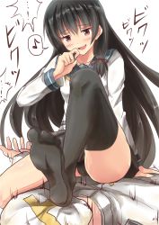 Rule 34 | 10s, 1boy, 1girl, admiral (kancolle), black hair, black thighhighs, feet, femdom, foot focus, girl on top, highres, human furniture, ichikawa feesu, isokaze (kancolle), kantai collection, long hair, musical note, neckerchief, no shoes, open mouth, quaver, red eyes, sitting, sitting on person, skirt, smile, solo focus, speech bubble, spoken musical note, thighhighs, yellow neckerchief