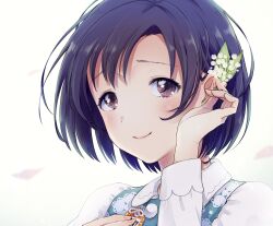 Rule 34 | 1girl, adjusting earrings, aqua vest, asymmetrical bangs, birthday, brown eyes, closed mouth, collared shirt, earrings, eyes visible through hair, floral print, flower, flower request, hand on own chest, highres, holding, holding flower, idolmaster, idolmaster cinderella girls, jewelry, lace, light blush, long sleeves, looking at viewer, parted bangs, petals, purple hair, shiragiku hotaru, shirt, short hair, simple background, smile, solo, upper body, white background, white flower, white shirt, white sleeves, witoi (roa)
