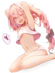Rule 34 | 1boy, ;d, androgynous, armpits, arms up, astolfo (fate), black bow, bow, braid, braided ponytail, fate/apocrypha, fate (series), hair between eyes, hair bow, hands in hair, heart, long hair, male focus, midriff, navel, one eye closed, open mouth, panties, pink eyes, pink hair, ponytail, saihate (d3), single braid, sitting, smile, solo, speech bubble, stomach, tank top, trap, underwear, very long hair, wariza, white panties