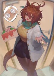Rule 34 | 1girl, absurdres, agnes tachyon (umamusume), ahoge, alternate costume, animal ears, black pantyhose, black skirt, blue scarf, blush, box, breasts, brown hair, cake, chemical structure, coat, commentary request, door, earrings, feet out of frame, food, grey coat, highres, holding, holding box, horse ears, horse girl, horse tail, jewelry, long sleeves, medium breasts, messy hair, open clothes, open coat, pantyhose, pastry box, scarf, short hair, single earring, skirt, smile, solo, speech bubble, spoken food, sweater, tail, tonariuta, umamusume, yellow sweater