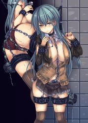 Rule 34 | 1girl, aqua eyes, aqua hair, bdsm, blazer, blush, bondage, bound, breasts, brown skirt, brown thighhighs, chain, collar, covered erect nipples, cuffs, cuffs-to-collar, hair ornament, hairclip, highres, jacket, jewelry, kantai collection, large breasts, long hair, monikano, multiple views, neck ring, nipples, no bra, over-kneehighs, panties, pleated skirt, remodel (kantai collection), skirt, slave, suzuya (kancolle), thigh strap, thighhighs, torn clothes, underwear