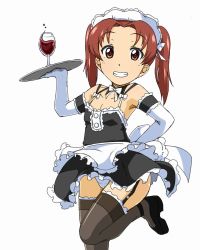 Rule 34 | 10s, 1girl, alcohol, alternate costume, apron, arm garter, black dress, black footwear, black thighhighs, brown eyes, brown hair, commentary request, cowboy shot, cup, dress, drinking glass, enmaided, frilled apron, frilled dress, frills, garter straps, girls und panzer, gloves, grin, hand on own hip, holding, kadotani anzu, lace, lace-trimmed legwear, lace trim, leg up, long hair, looking back, maid, maid headdress, nana (manaita koumuten), panties, pantyshot, parted bangs, shoes, short dress, simple background, smile, solo, spaghetti strap, spilling, standing, standing on one leg, thighhighs, tray, twintails, underwear, waist apron, white apron, white background, white gloves, white panties, wine, wine glass