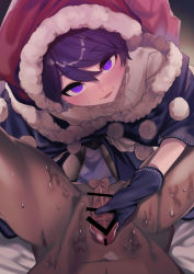 Rule 34 | 1boy, 1girl, bar censor, black pantyhose, blue capelet, blue eyes, blue gloves, blue hair, blush, capelet, censored, commentary request, commission, doremy sweet, fur trim, gloved handjob, gloves, gradient background, grey background, hair between eyes, handjob, hat, hetero, ishikawa sparerib, looking at viewer, lower body, nightcap, pantyhose, parted lips, penis, pom pom (clothes), pov, red headwear, shirt, short hair, simple background, skeb commission, smile, sweat, swept bangs, testicles, touhou, white shirt