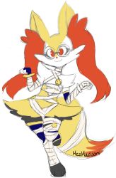 Rule 34 | 1girl, animal ear fluff, animal ears, animal hands, artist name, bandages, bangle, bespectacled, bracelet, braixen, closed mouth, clothed pokemon, cosplay, creatures (company), female focus, fox ears, fox tail, furry, furry female, game freak, gen 6 pokemon, glasses, hands up, happy, highres, jewelry, jpeg artifacts, leg up, looking at viewer, menat, menat (cosplay), mezmaroon, nintendo, pokemon, red eyes, signature, simple background, smile, solo, standing, standing on one leg, street fighter, street fighter v, tail, white background