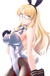 Rule 34 | 1girl, alternate costume, animal ears, black gloves, black pantyhose, blonde hair, blue ribbon, breasts, covered navel, detached collar, glasses, gloves, green eyes, highres, kantai collection, large breasts, leotard, long hair, neck ribbon, northampton (kancolle), pantyhose, playboy bunny, rabbit ears, rabbit tail, ribbon, semi-rimless eyewear, simple background, smile, solo, strapless, strapless leotard, tail, tsukasa (tukasa br), white background, white leotard, wrist cuffs