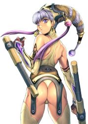 Rule 34 | 1girl, ass, bad id, bad pixiv id, cowboy shot, earrings, elbow gloves, fingerless gloves, gloves, homare (fool&#039;s art), jewelry, looking back, original, ponytail, purple eyes, purple hair, simple background, solo, thighhighs, tonfa, weapon, white background