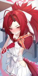 Rule 34 | 1girl, black horns, blue archive, blush, box, cowboy shot, dragon tail, gift, gift box, heart-shaped box, highres, holding, holding gift, horns, long hair, looking at viewer, merxkialis, parted lips, pleated skirt, red eyes, red hair, red sailor collar, red tail, renge (blue archive), sailor collar, school uniform, serafuku, single horn, skirt, sleeveless, solo, tail, white skirt