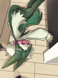 Rule 34 | 1other, cape, closed mouth, creatures (company), furry, game freak, green fur, green hair, legs, lying, make, mask, meowscarada, nintendo, on side, one eye closed, pink eyes, pokemon, pokemon (creature), sstoh