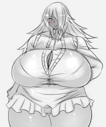 Rule 34 | 1girl, arm at side, blush, borrowed character, breasts, collared shirt, cowboy shot, curvy, dark-skinned female, dark skin, dress, eyes visible through hair, fat, female focus, grey background, hair over one eye, hand on own hip, highres, huge breasts, kurokagami ryuuko, legs together, long hair, looking at viewer, microskirt, miniskirt, monochrome, muchigaku, original, pleated skirt, school uniform, shirt, simple background, sketch, skirt, smile, solo, spot color, standing, sweater vest, tensai427, thick thighs, thighs, very long hair, wide hips