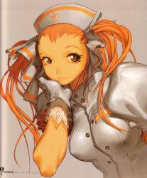 Rule 34 | 1girl, absurdres, breasts, brown eyes, buttons, female focus, gloves, grey background, hair ribbon, hat, head rest, highres, joan kartright, kim hyung tae, lace, long hair, nurse, official art, orange eyes, orange hair, oxide, ribbon, scan, simple background, smile, solo, the war of genesis, the war of genesis iii, upper body