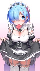 Rule 34 | 1girl, 92m, apron, black dress, black ribbon, blue eyes, blue hair, blunt bangs, blush, breasts, cleavage, clothes lift, condom, condom wrapper, detached sleeves, dress, dress lift, eyelashes, flower, foreshortening, frilled apron, frills, garter straps, gradient background, hair flower, hair ornament, hair over one eye, hands up, highres, juliet sleeves, lifting own clothes, long sleeves, looking at viewer, medium breasts, mouth hold, neck ribbon, panties, panty pull, pink background, puffy sleeves, pussy juice, raised eyebrow, re:zero kara hajimeru isekai seikatsu, rem (re:zero), ribbon, short hair, skindentation, solo, sweatdrop, thighhighs, thighs, two-tone dress, underwear, waist apron, white apron, white background, white dress, white panties, white thighhighs, x hair ornament