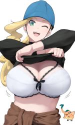 Rule 34 | 1girl, accio, black sweater, blonde hair, blue headwear, blush, bra, breasts, cleavage, clothes lift, creatures (company), cufant, elephant, game freak, gen 8 pokemon, green eyes, hard hat, helmet, huge breasts, lifted by self, long hair, long sleeves, looking at viewer, nintendo, one eye closed, open mouth, pokemon, pokemon (creature), pokemon swsh, shirt lift, simple background, smile, sweater, turtleneck, underwear, upper body, white background, worker (pokemon)